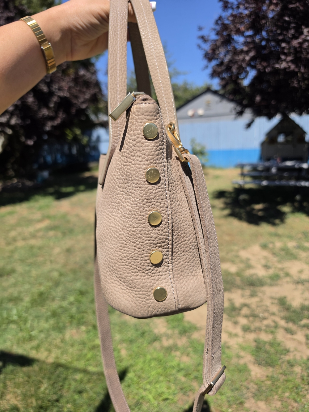 Hammitt Taupe Pebbled Leather Handbag Crossbody Bag with Gold Hardware - Picture 12 of 16